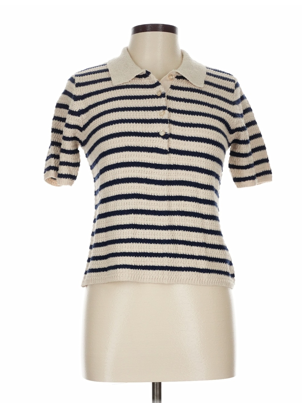 The Workshop Striped Knit Polo Top in Cream & Navy